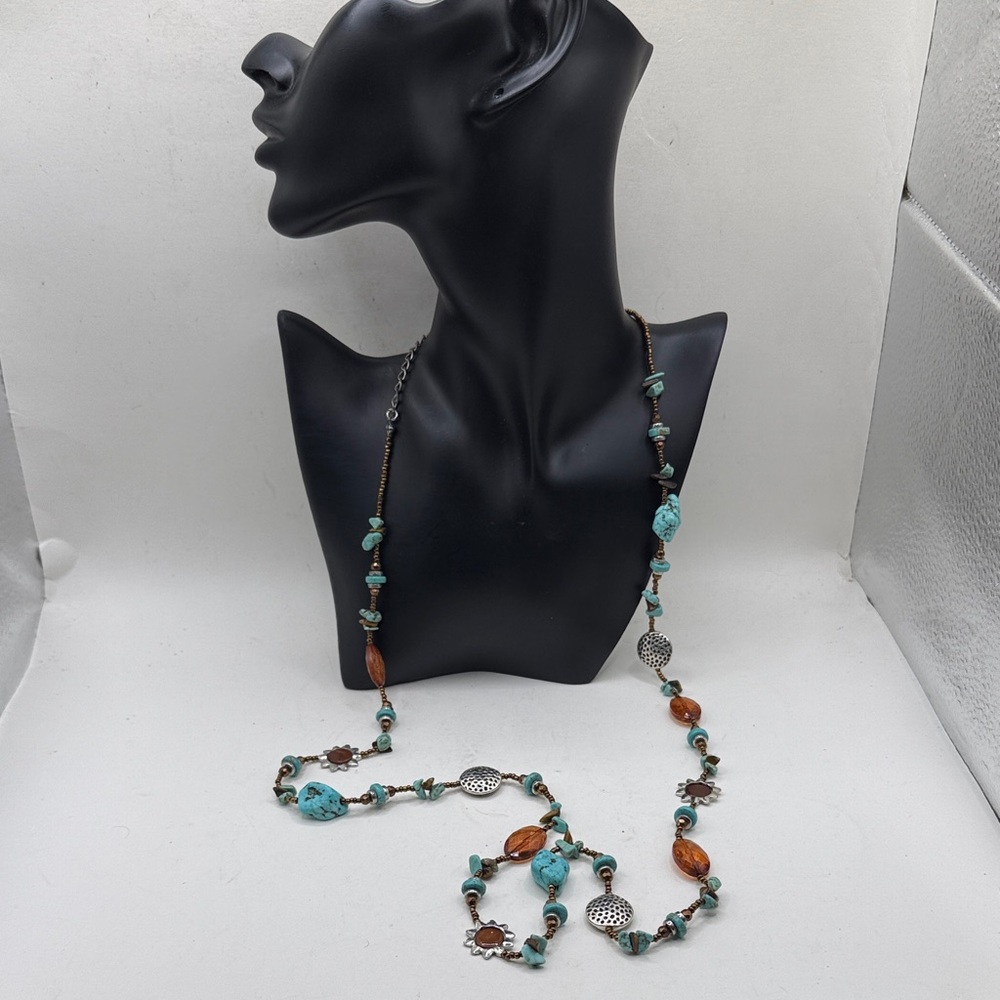 Boho Blue Amber Beaded Necklace Silver Tone Sunburst Charms Southwestern - Picture 3 of 5